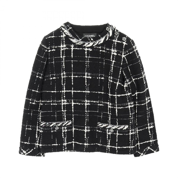 CHANEL COCO Mark button blouse Shirts wool silk Black White Used Women size 34
