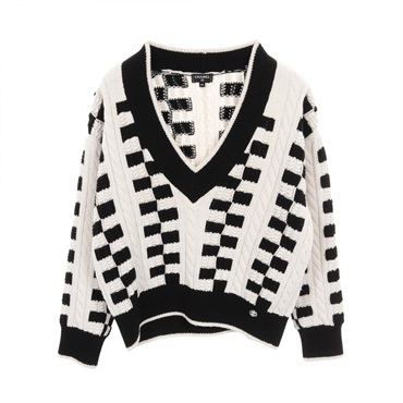CHANEL COCO Mark Button Knit Sweater P74123K10621 cashmere B&W Used Women #34