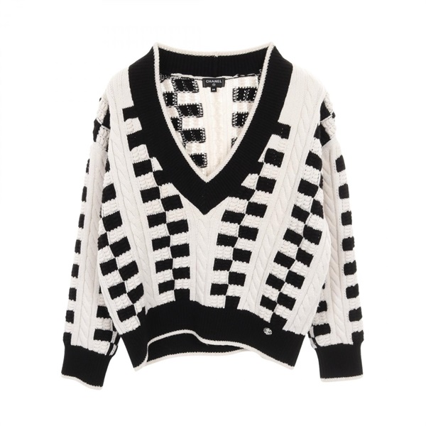 CHANEL COCO Mark Button Knit Sweater P74123K10621 cashmere B&W Used Women #34