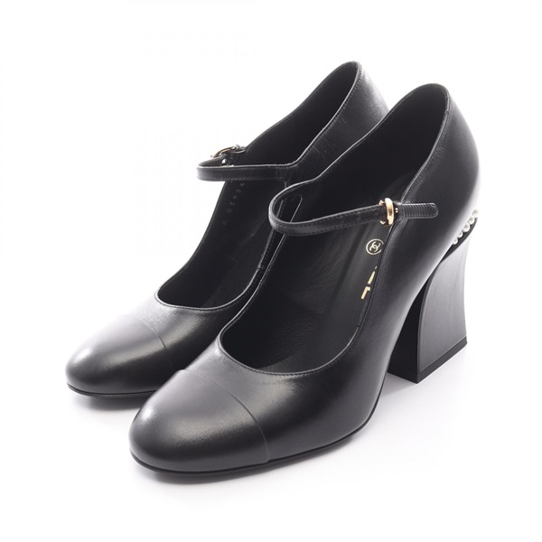CHANEL COCO Mark Pumps Heels leather Pearl Black White Used Women #38.5C CC