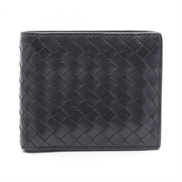 BOTTEGA VENETA Intrecciato Bi-fold compact wallet purse leather Black Used