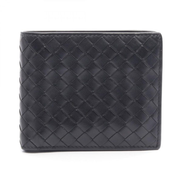 BOTTEGA VENETA Intrecciato Bi-fold compact wallet purse leather Black Used