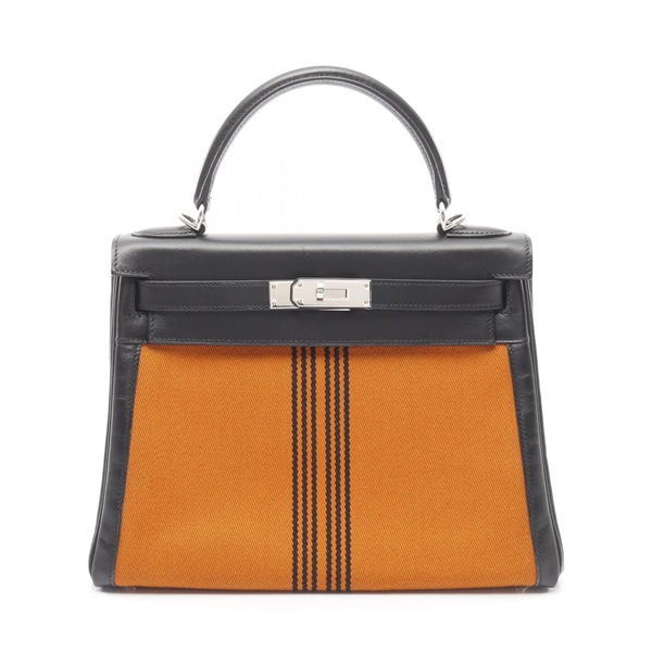HERMES Kelly 28 Shoulder Handbag Box calf leather Toile potamos Black Orange J