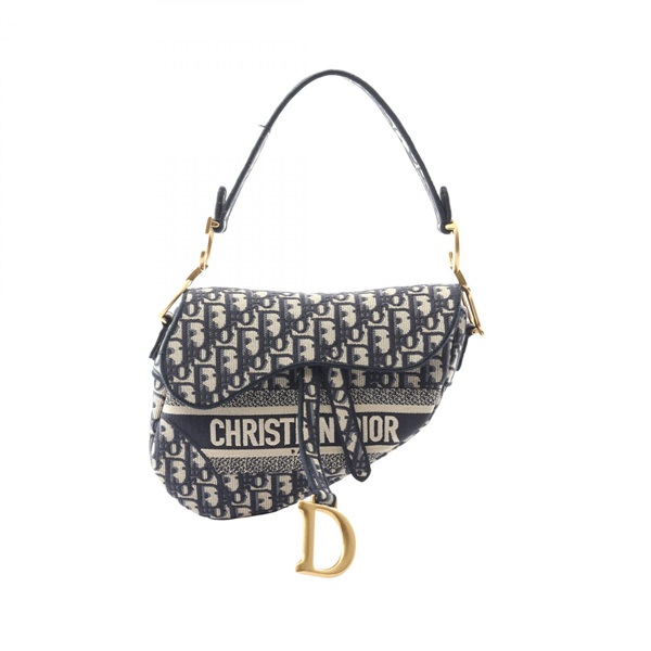 Dior Saddlebag oblique Jacquard Handbag canvas Beige Navy Used Women GHW