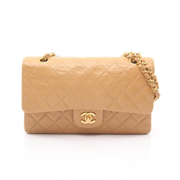 CHANEL Matelasse double flap Chain Shoulder Handbag Lamb leather Beige Used CC