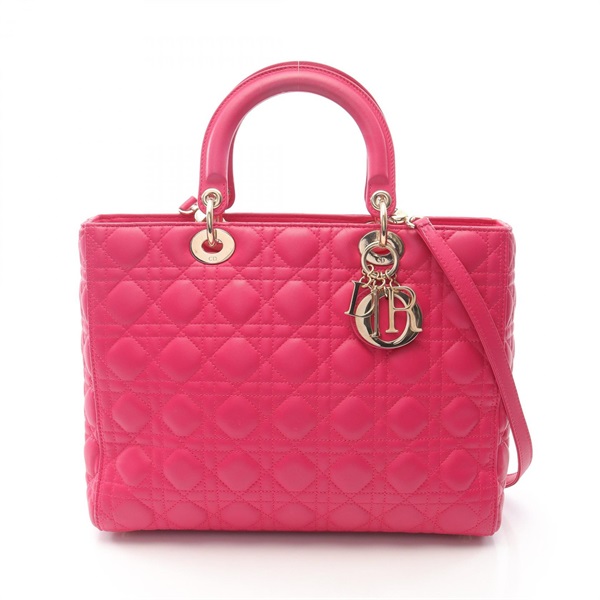 Christian Dior Lady Dior Large Cannage 2Way Shoulder Tote Handbag leather Pink