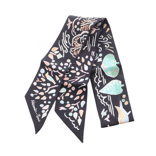 HERMES Twilly ISOLA DI PRIMAVERA Scarf silk Black Multicolor Used Women