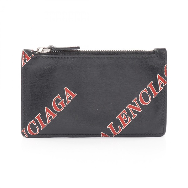 BALENCIAGA Logo Card Case coin purse leather Black Red Used Women