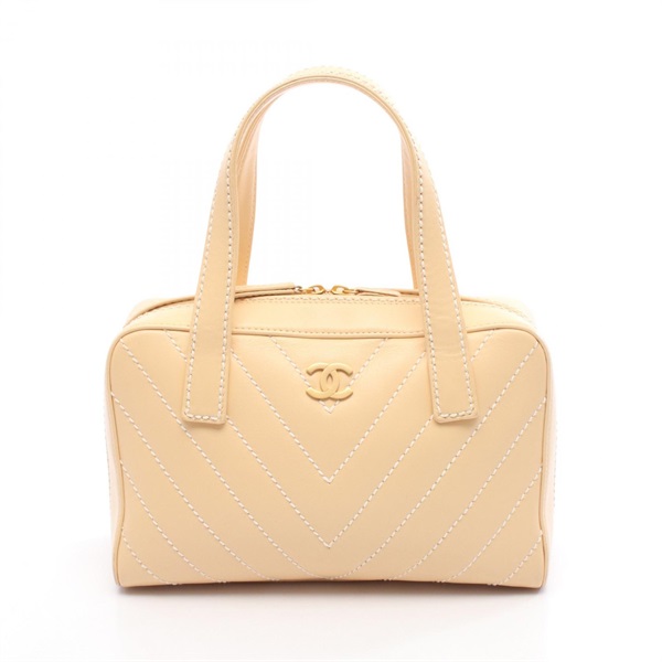 CHANEL Wild Stitch Chevron V Stitch Handbag leather Beige Used Women GHW CC Coco