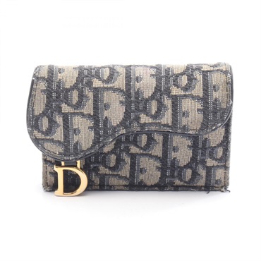 Dior SADDLE Oblique Card Case S5611 canvas leather Navy Beige Used Women GHW