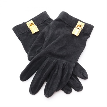 HERMES Kelly gloves gants Suede Black Used Women GHW