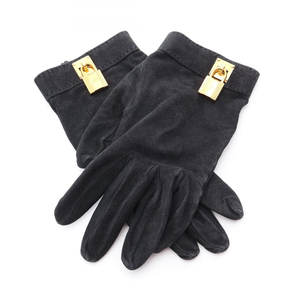 HERMES Kelly gloves gants Suede Black Used Women GHW