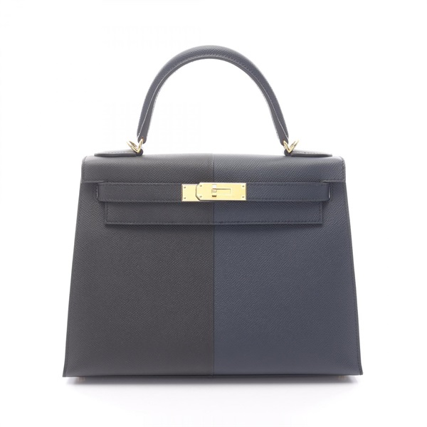 HERMES Kelly 28 Casaque Shoulder Handbag Epsom leather Black Navy Blue GHW U