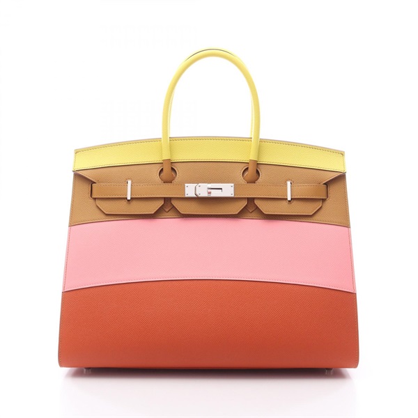 HERMES Birkin Serie 35 Rainbow Handbag Epsom leather Yellow Brown Pink Z SHW