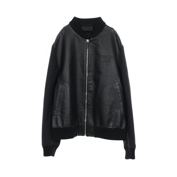 PRADA Embossed logo Blouson #50 jacket SGC194 S231 12C7 leather wool Black Used
