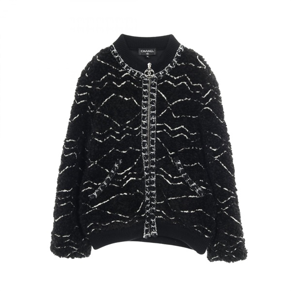 CHANEL COCO Mark Blouson Jacket Acrylic Alpaca Black White Used Women size 36