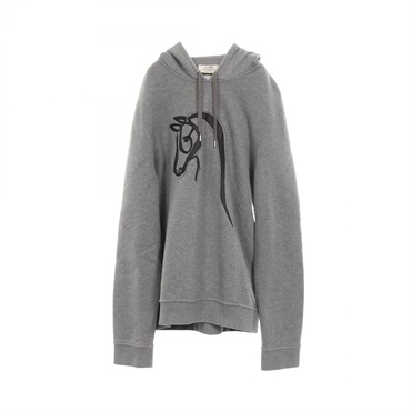 HERMES Horse Leather Patch Hoodie #M sweatshirt cotton Gray Used mens
