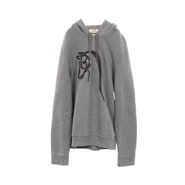 HERMES Horse Leather Patch Hoodie #M sweatshirt cotton Gray Used mens