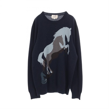 HERMES Chess and Shadow knitwear sweater #M cashmere Navy Multicolor Used mens