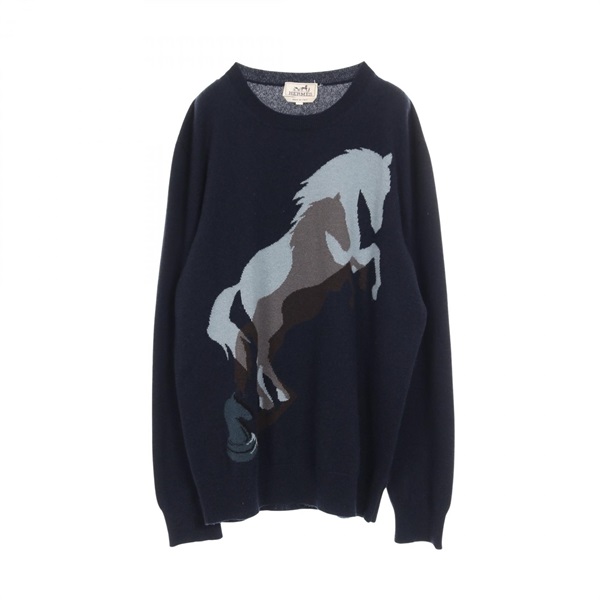 HERMES Chess and Shadow knitwear sweater #M cashmere Navy Multicolor Used mens