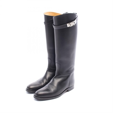HERMES Jumping Short Kelly long boots #37 shoes flats leather Black Used Women