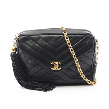 CHANEL V stitch Chain Shoulder Bag Lamb sheep leather Black Used crossbody GHW