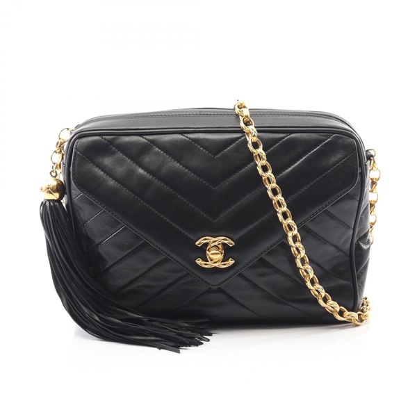 CHANEL V stitch Chain Shoulder Bag Lamb sheep leather Black Used crossbody GHW