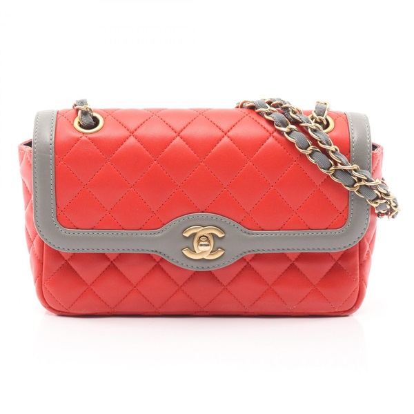 CHANEL Matelasse Chain Shoulder Handbag Lamb leather Red Gray GHW Used Women