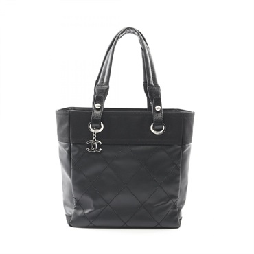 CHANEL Paris Biarritz PM Tote Bag PVC coated canvas leather Black Used Women SHW