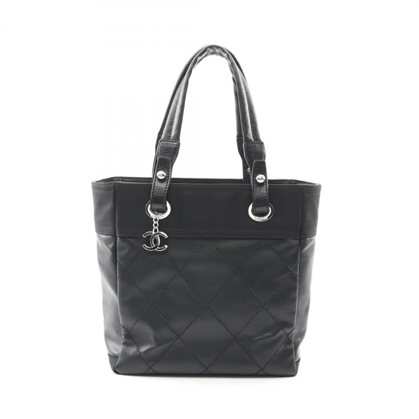 CHANEL Paris Biarritz PM Tote Bag PVC coated canvas leather Black Used Women SHW