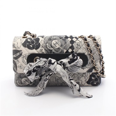 CHANEL Chevron V Stitch Chain Shoulder Bag leather Corduroy White Black Used GHW