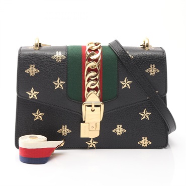 GUCCI Sylvie Shelley Line Bee Star Shoulder crossbody Bag 524405 leather Black