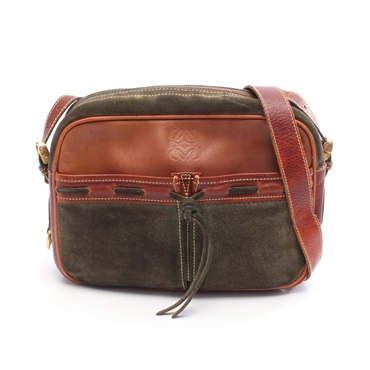 LOEWE Anagram Shoulder Crossbody Bag Suede leather Khaki Brown Used Women