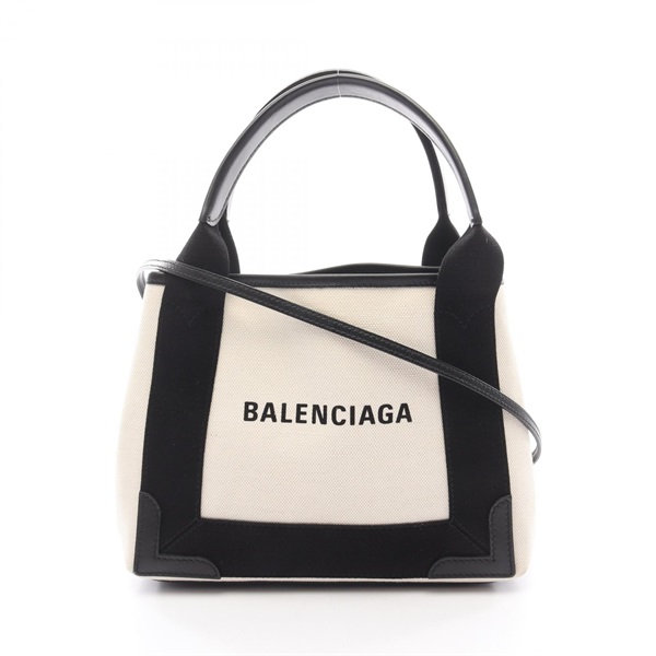 BALENCIAGA Navy hippo XS 2Way Shoulder Handbag 390346 canvas leather Beige Black