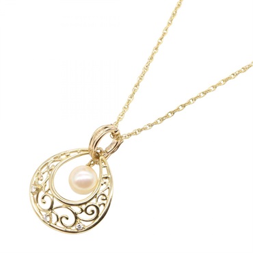 MIKIMOTO Pearl Diamond Necklace Pendant 18KYG Yellow Gold Pearl White Used Women