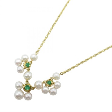 MIKIMOTO Pearl Emerald Necklace 18KYG Yellow Gold White Green 40㎝ Used