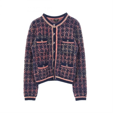 CHANEL COCO Mark button cardigan #36 cashmere wool Navy Pink Used Women