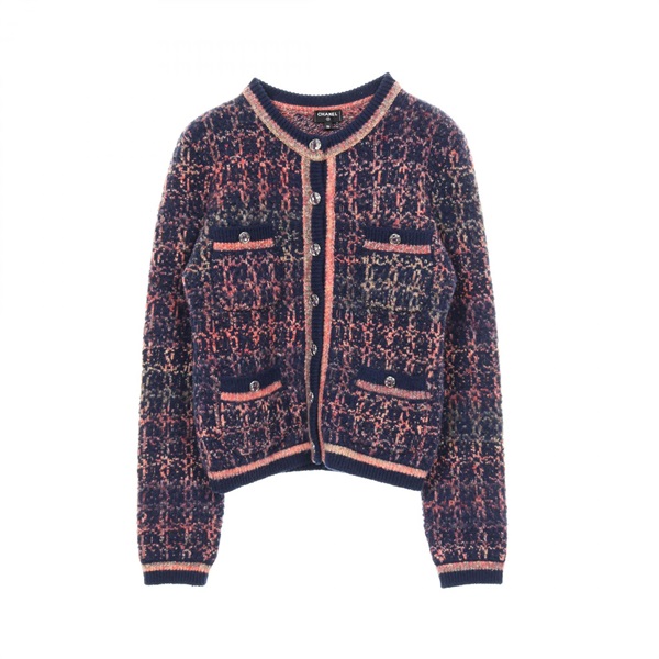 CHANEL COCO Mark button cardigan #36 cashmere wool Navy Pink Used Women
