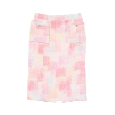 CHANEL COCO Mark Button Tweed skirt #38 P74819V66232 cotton Pink White Used CC