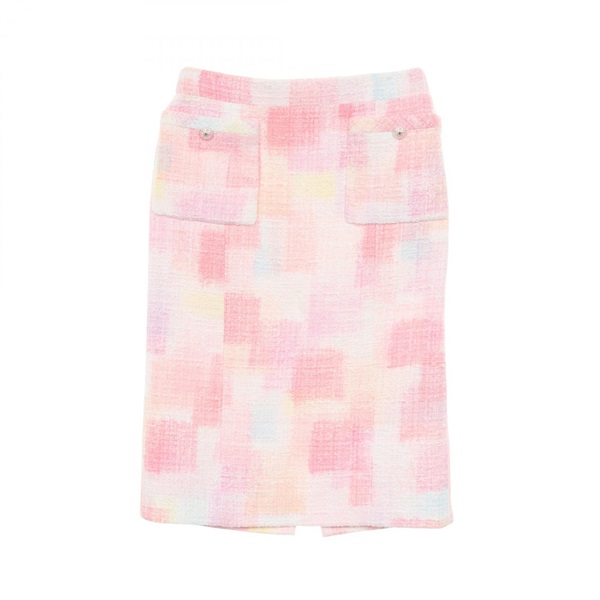 CHANEL COCO Mark Button Tweed skirt #38 P74819V66232 cotton Pink White Used CC