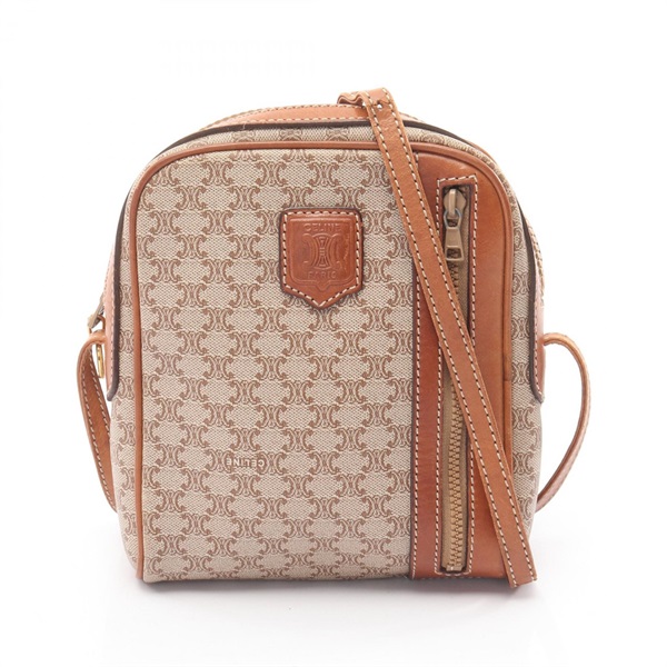 CELINE Macadam Shoulder Crossbody Bag PVC coated canvas leather Beige Brown Used