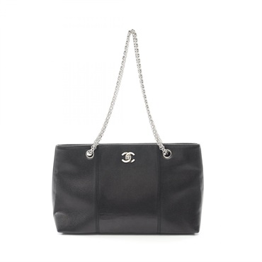 CHANEL COCO Mark Tote chain shoulder Bag Calf leather Black Used Women CC