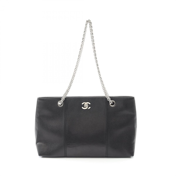 CHANEL COCO Mark Tote chain shoulder Bag Calf leather Black Used Women CC