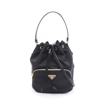 PRADA Duet Re-Nylon Bucket VELA Shoulder Handbag Saffiano leather Black Used