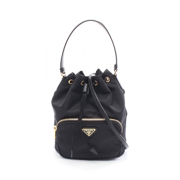 PRADA Duet Re-Nylon Bucket VELA Shoulder Handbag Saffiano leather Black Used