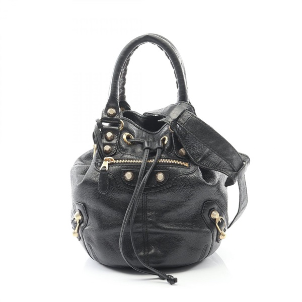 BALENCIAGA Giant mini pom pom Shoulder Handbag 285439 leather Black Used Women