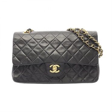 CHANEL Matelasse W flap Chain Shoulder Bag Lamb sheep leather Black Used GHW CC