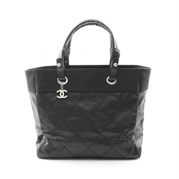 CHANEL Paris Biarritz MM Tote Bag PVC coated canvas leather Black Used Women CC