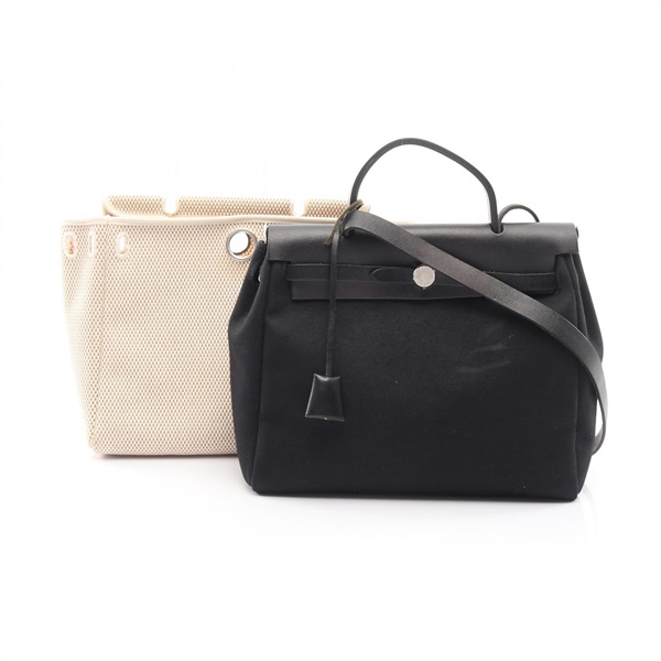 HERMES Herbag shoulder bag H PM Handbag Toile officier hunter lather Black SHW