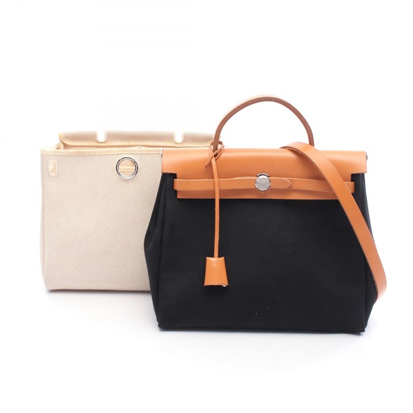 HERMES Herbag shoulder F PM Toile officier leather canvas Black Brown Used SHW